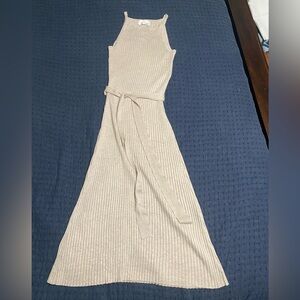 Beige Ribbed Knit Midi Dress w/ Waist Tie – Size M